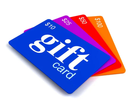 Colorful gift cards in blue, purple, pink, and orange with $10, $25, $50, $100 values.