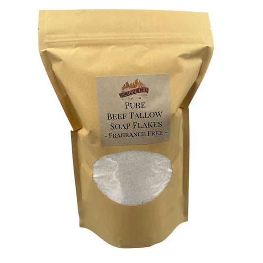 Brown kraft pouch of pure beef tallow soap flakes, fragrance free, with clear window