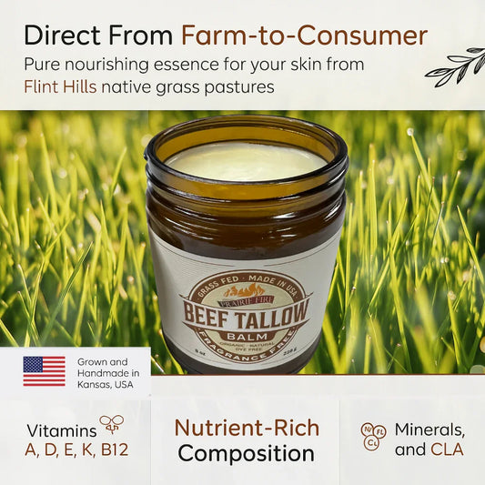 Grass fed beef tallow balm jar in field, nutrient-rich, handmade in Kansas, USA, vitamins and minerals