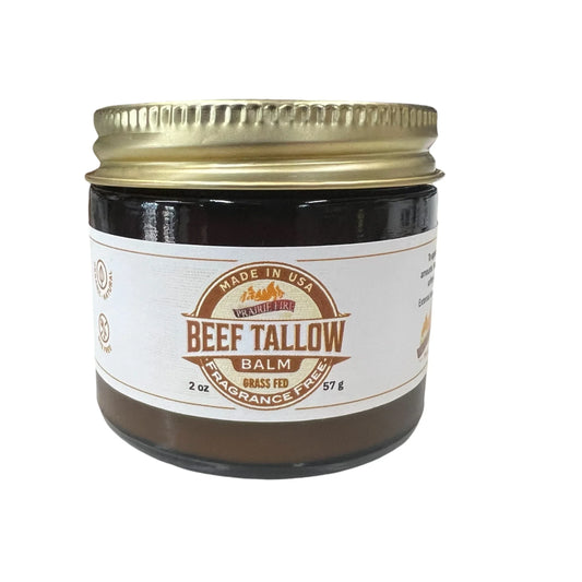 Grass fed beef tallow balm jar with gold lid, fragrance free, 2oz, made in USA
