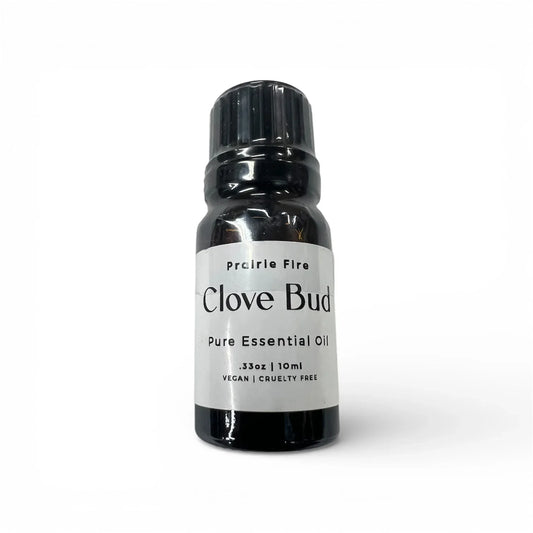 10ml bottle of clove bud pure essential oil with vegan cruelty-free label on white background