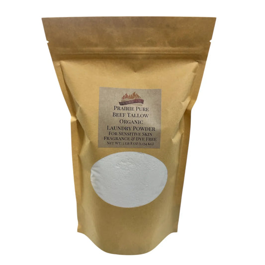 Organic beef tallow laundry powder in kraft pouch, fragrance and dye free for sensitive skin