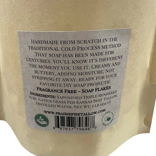 Fragrance free soap flakes in kraft pouch, label shows ingredients: grass-fed beef tallow, cruelty free