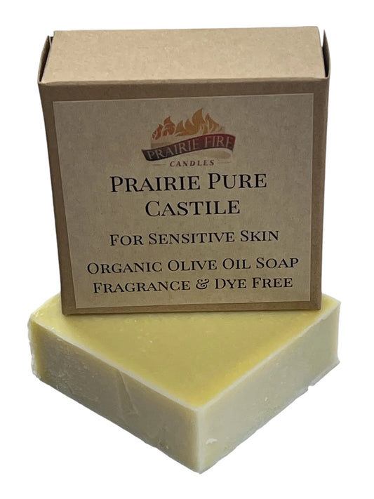 Prairie Pure Castile organic olive oil soap bar in box, fragrance and dye free for sensitive skin