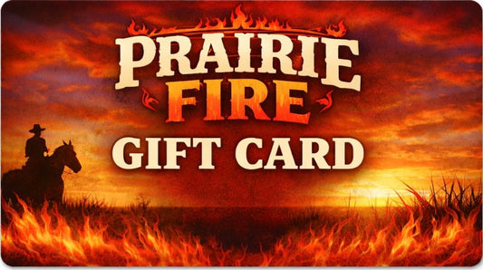 Prairie Fire gift card with a cowboy on horseback and sunset background