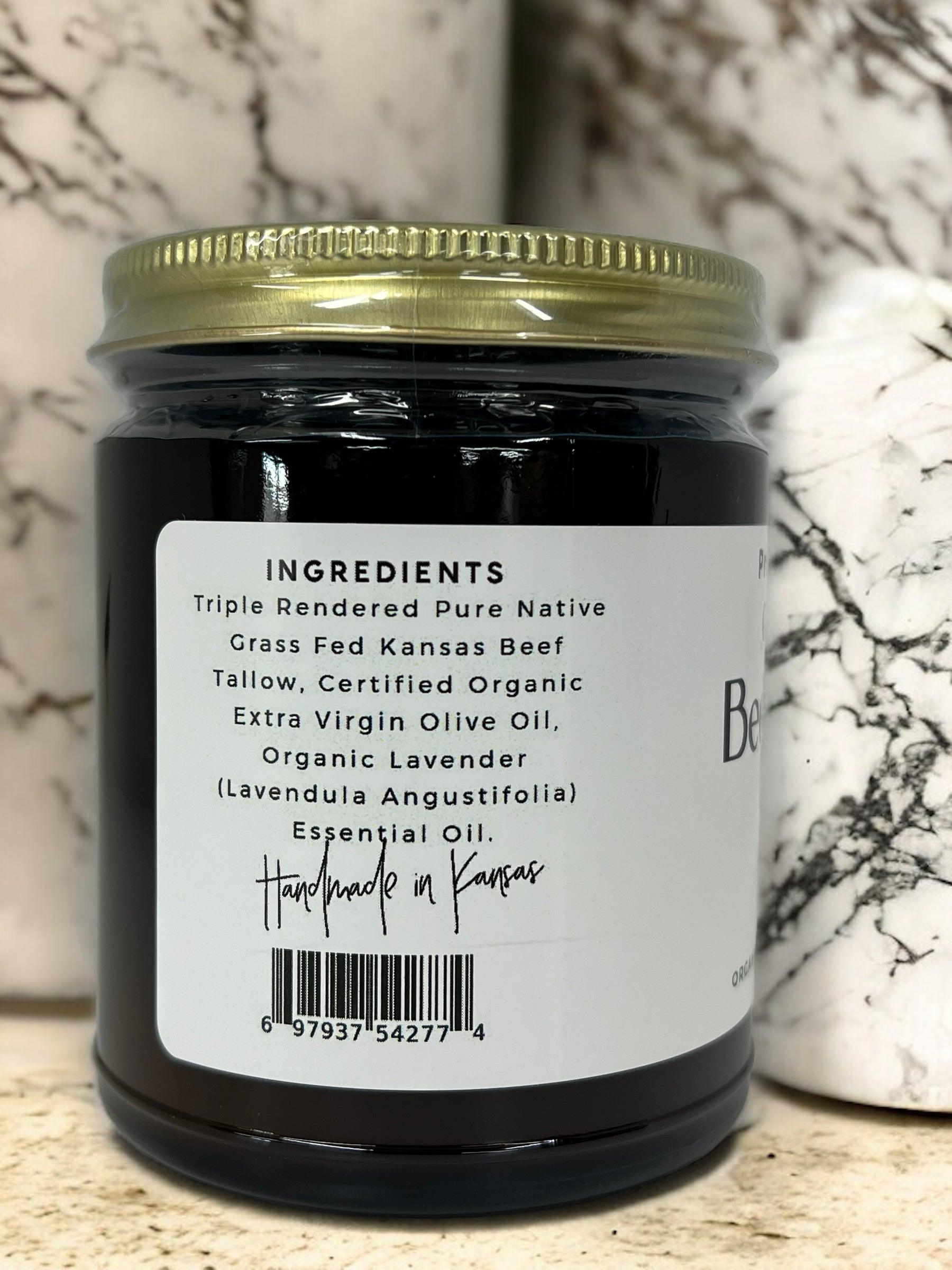 Beef Tallow Balm - 8 oz - Organic Grass Fed and Finished - Moisturizing Skin Care - Prairie Fire Tallow, Candles, and Lavender