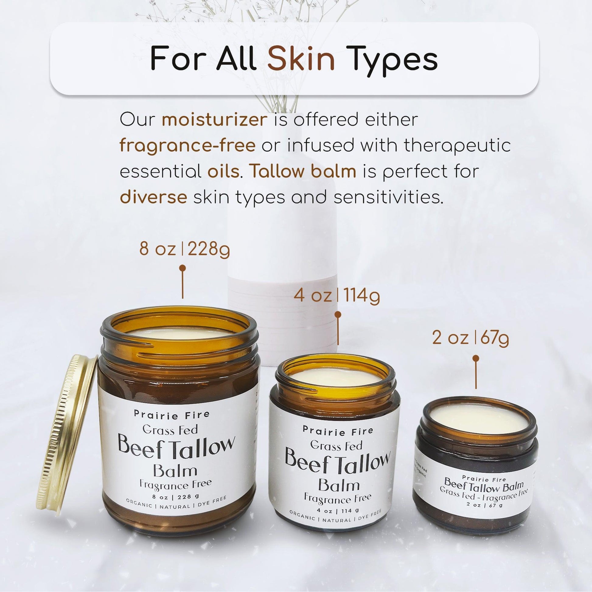 Beef Tallow Balm - 8 oz - Organic Grass Fed and Finished - Moisturizing Skin Care - Prairie Fire Tallow, Candles, and Lavender