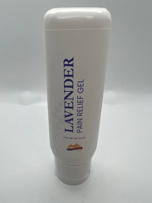 Lavender pain relief gel tube 4 oz with label, on white background, topical soothing gel