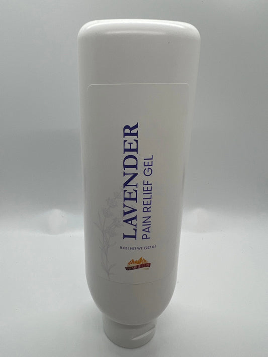 Lavender pain relief gel 8oz tube with floral design on white background