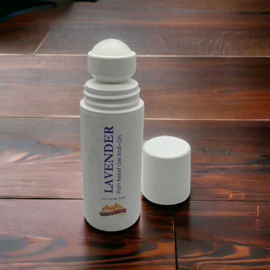 Lavender pain relief gel roll-on with open cap on a wooden surface