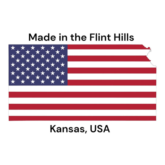 USA flag in shape of Kansas with text Made in the Flint Hills, Kansas, USA