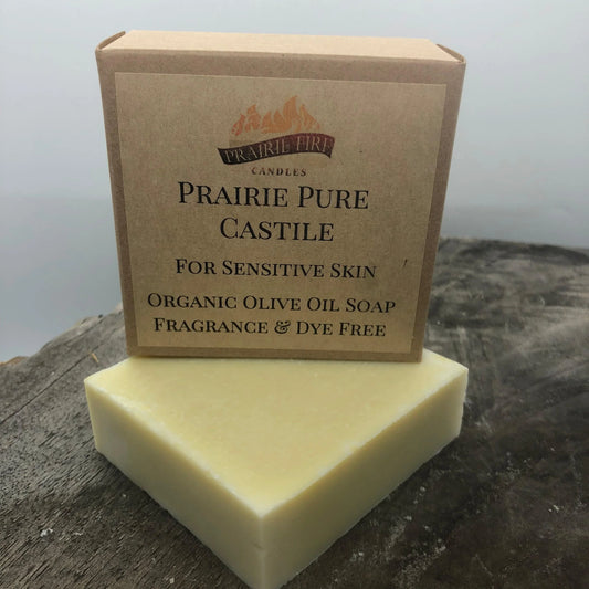 Organic Castile olive oil soap bar and box for sensitive skin, fragrance and dye free.