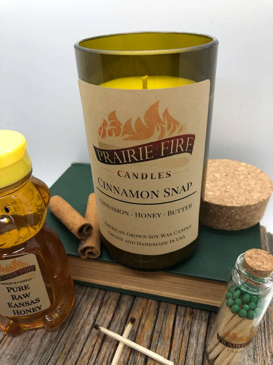 Cinnamon Snap Soy Wax Candle | Repurposed Wine Bottle Candle Natural Cork | Handmade in USA Candle | Eco-Friendly Candle | Non-Toxic Soy Candle - Prairie Fire Candles