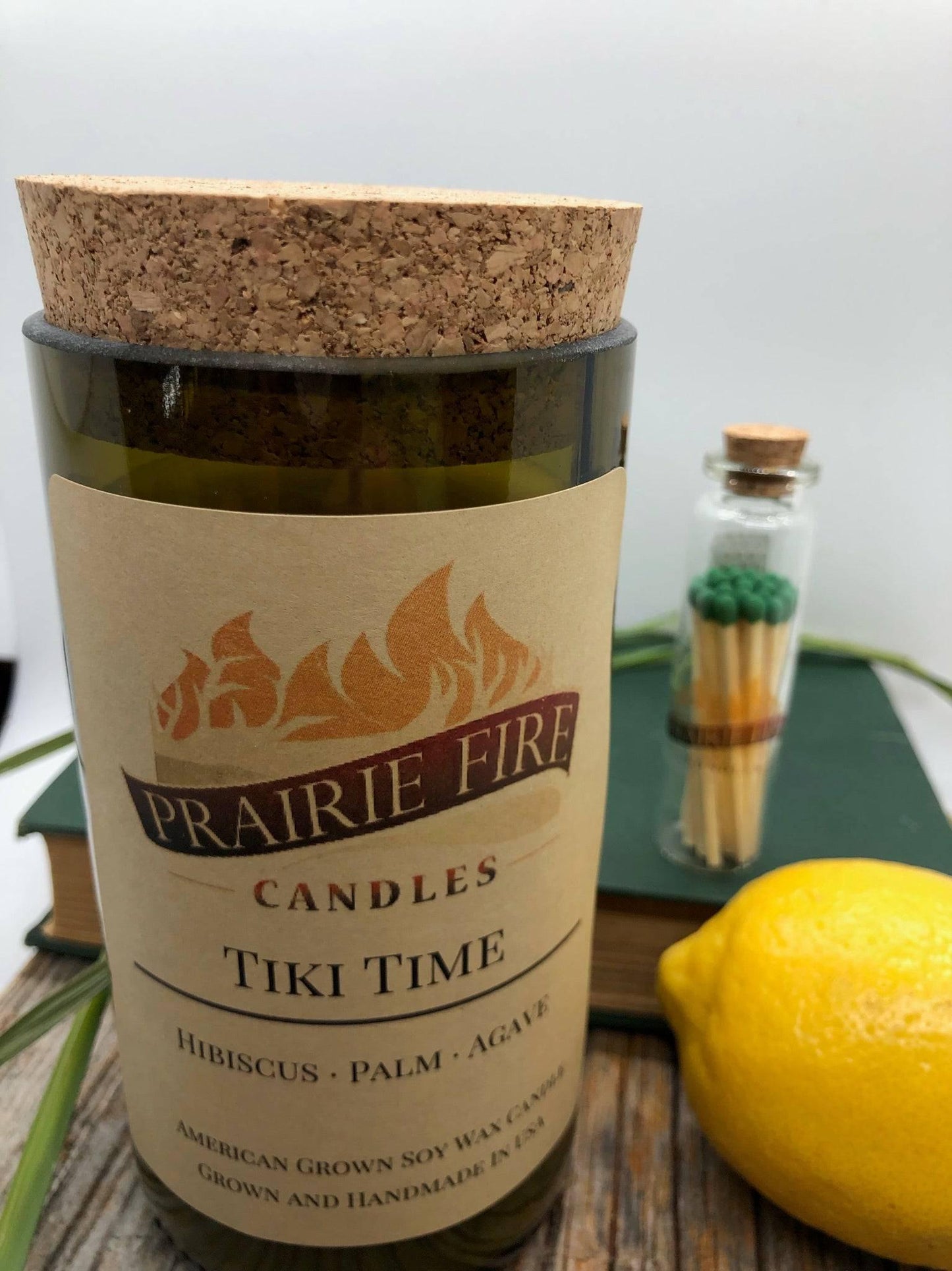 Tiki Time Soy Wax Candle | Repurposed Wine Bottle Candle Natural Cork | Handmade in USA Candle | Eco-Friendly Candle | Non-Toxic Soy Candle - Prairie Fire Candles