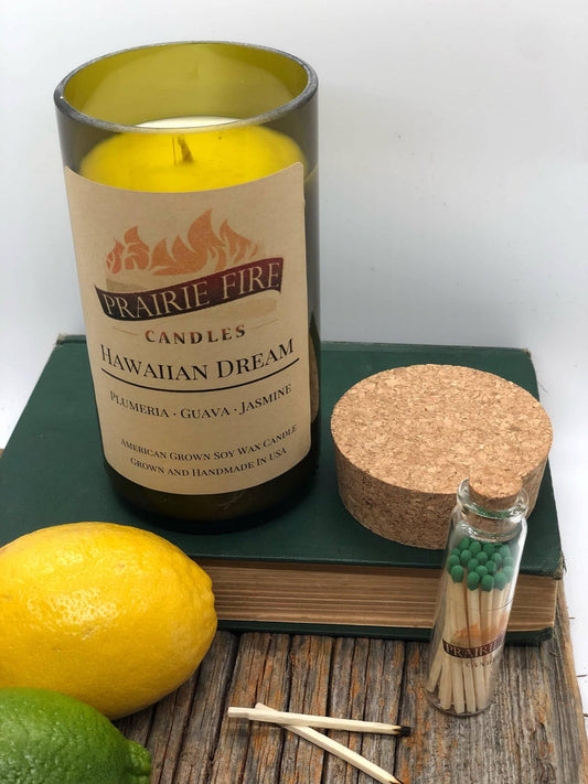 Hawaiian Dream Soy Wax Candle | Repurposed Wine Bottle Candle Natural Cork | Handmade in USA Candle | Eco-Friendly Candle | Non-Toxic Soy Candle - Prairie Fire Candles