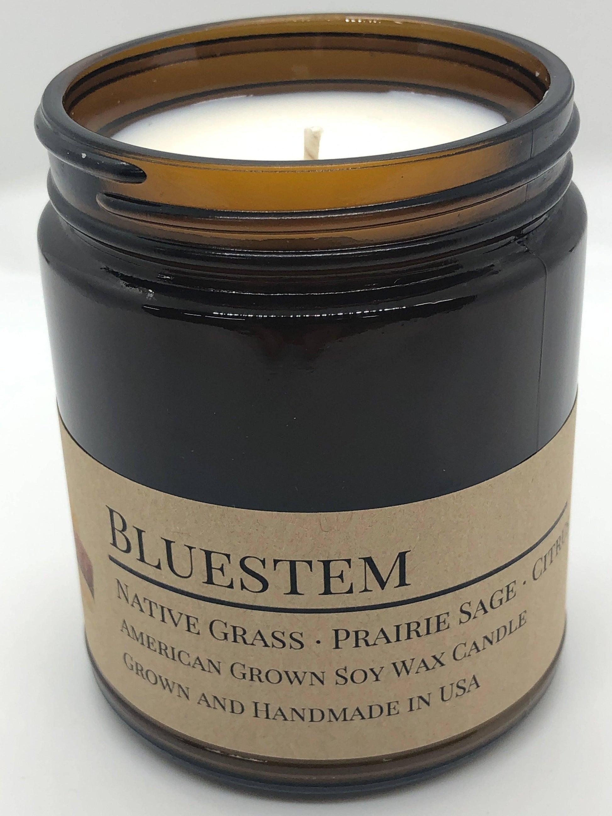 Bluestem Soy Wax Candle | 9 oz Amber Apothecary Jar - Prairie Fire Candles