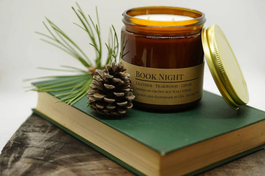 Book Night soy wax candle in amber jar with pinecone and evergreen branch on green book