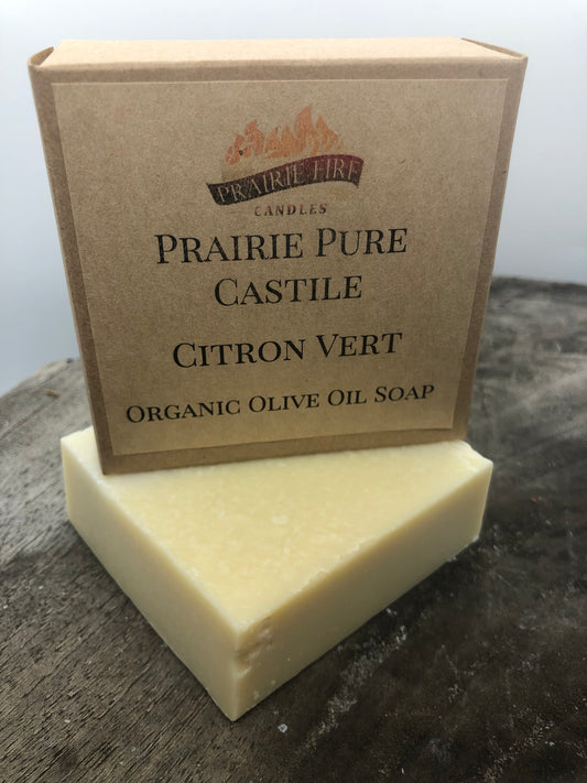 Citron Vert Real Castile Organic Olive Oil Soap for Sensitive Skin - Dye Free - 100% Certified Organic Extra Virgin Olive Oil - Prairie Fire Candles