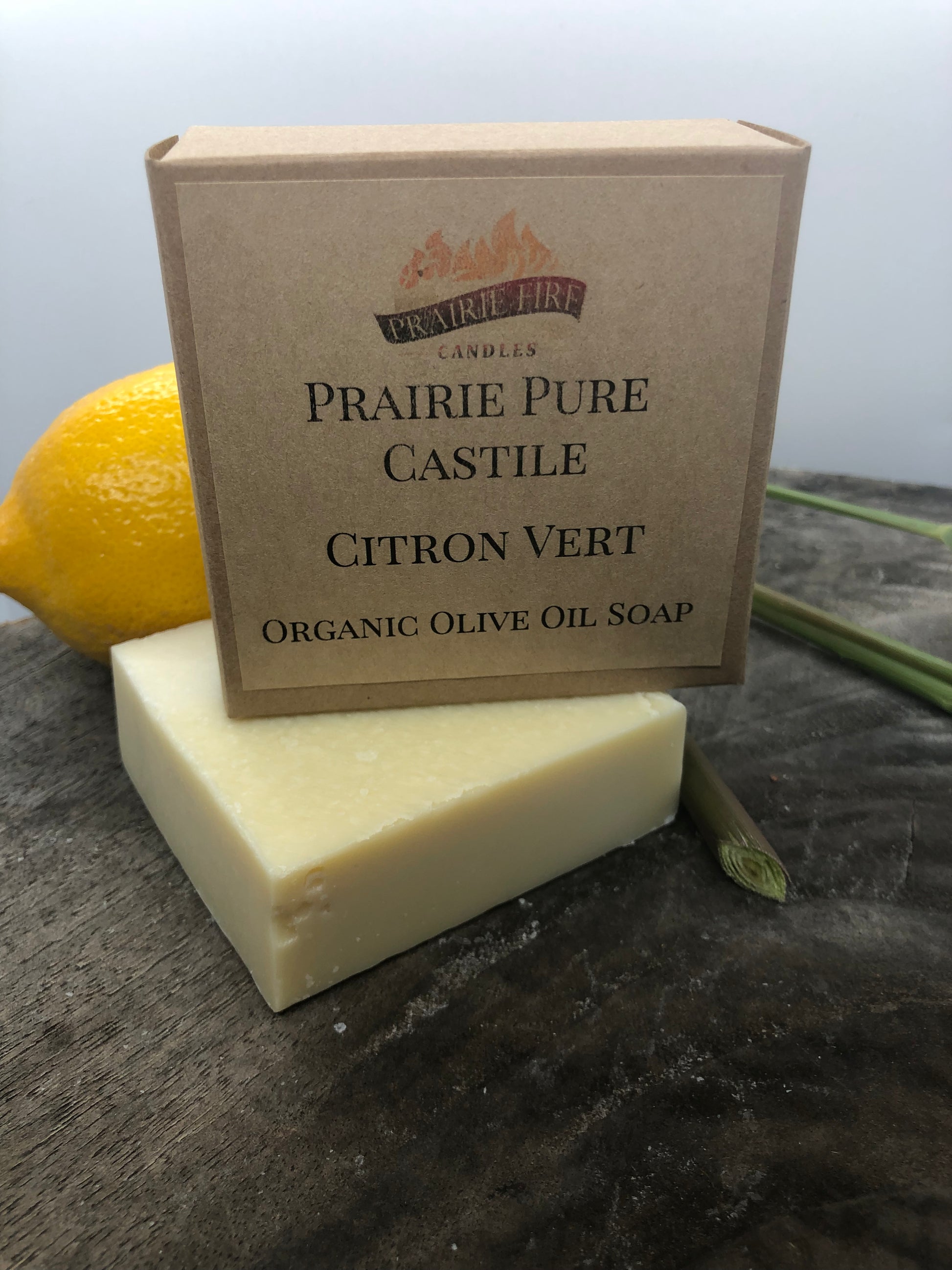 Citron Vert Real Castile Organic Olive Oil Soap for Sensitive Skin - Dye Free - 100% Certified Organic Extra Virgin Olive Oil - Prairie Fire Candles
