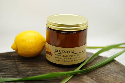 Bluestem Soy Wax Candle | 16 oz Double Wick Amber Apothecary Jar Candle - Prairie Fire Candles
