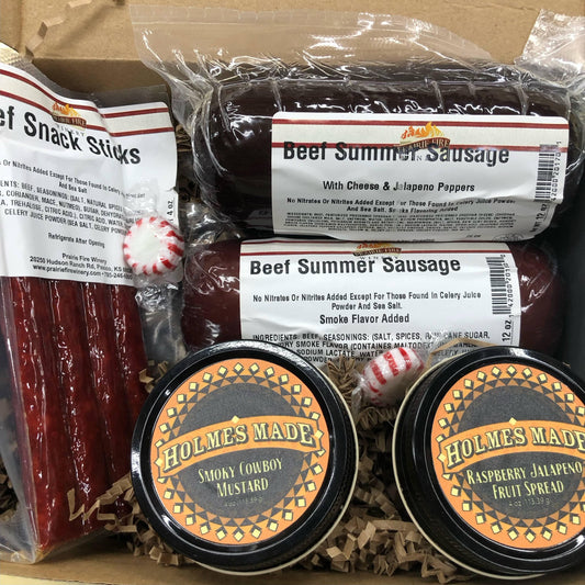 The Deluxe Kansan - Kansas Beef Summer Sausage Gift Box - Basket - Prairie Fire Candles