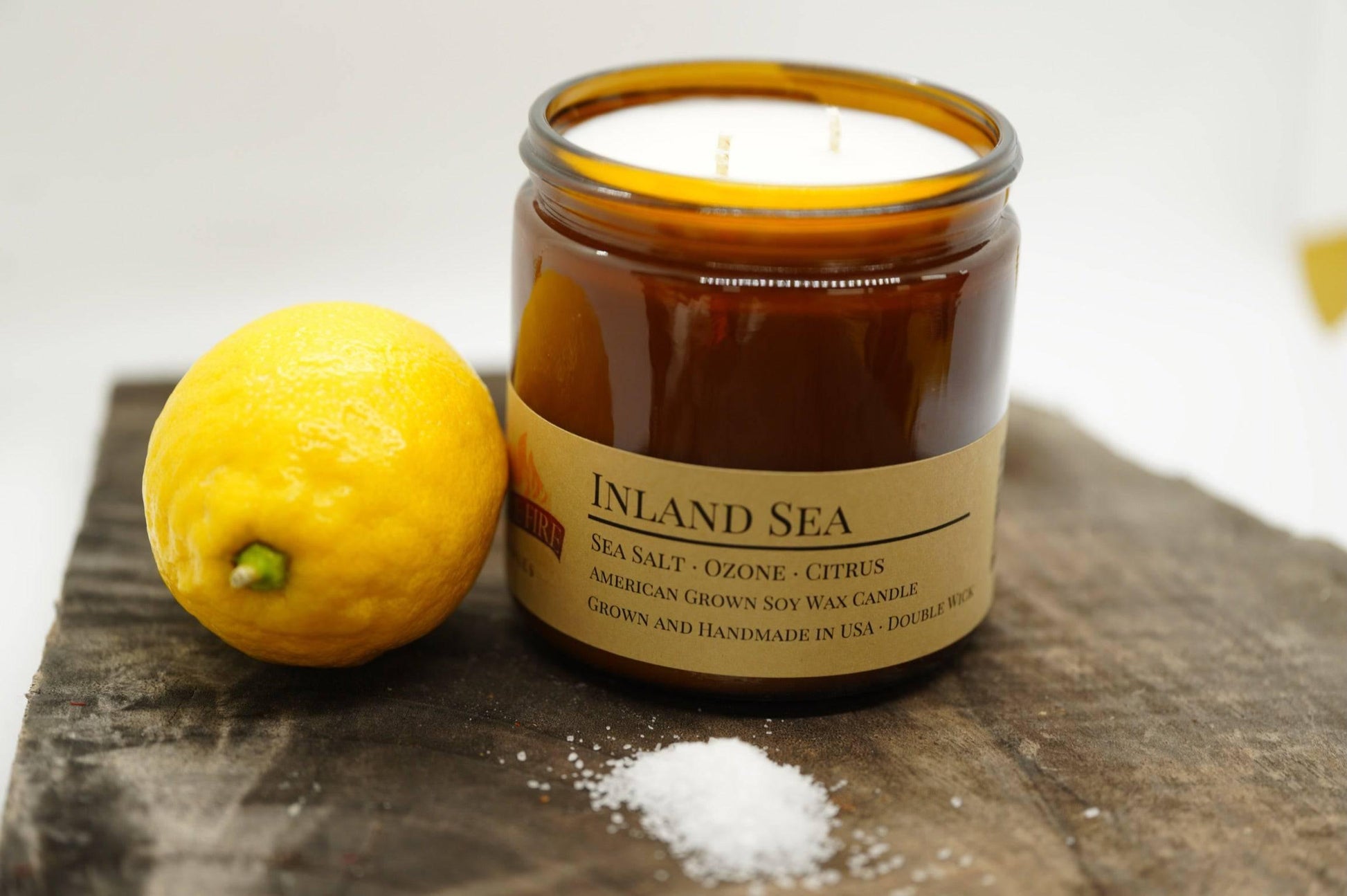 Inland Sea Soy Wax Candle | 16 oz Double Wick Amber Apothecary Jar - Prairie Fire Candles