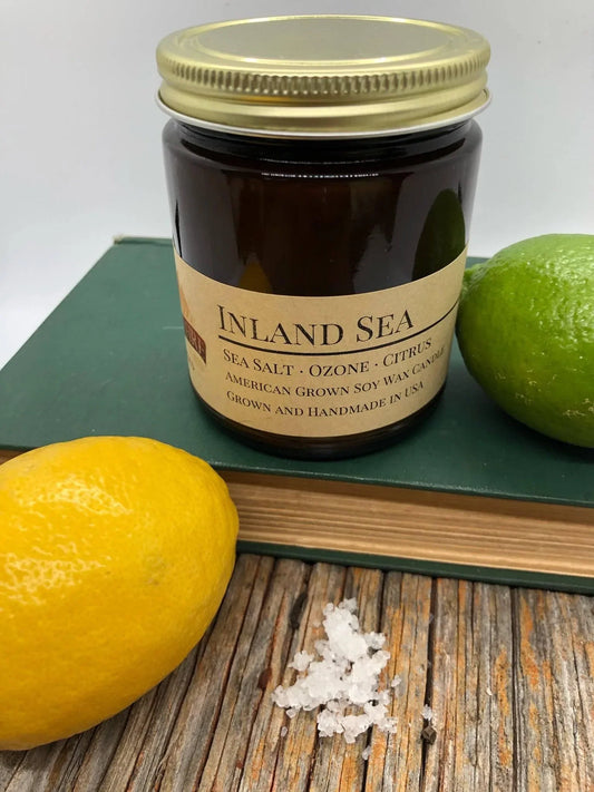 Amber jar soy wax candle labeled Inland Sea with lemon, lime, sea salt, and green book on wood.