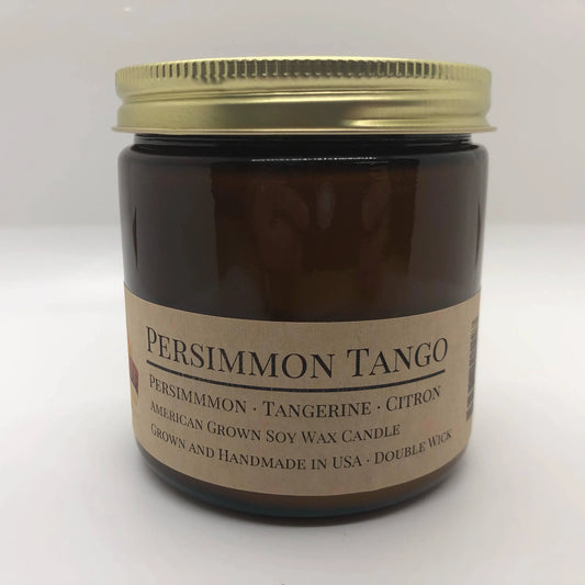 Persimmon Tango soy wax candle in amber jar with gold lid, double wick, handmade in USA
