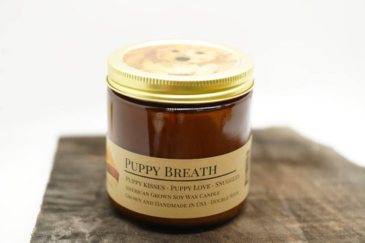 Puppy Breath Soy Wax Candle | 16 oz Double Wick Amber Apothecary Jar - Prairie Fire Candles