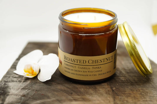Roasted Chestnut Soy Wax Candle | 16 oz Double Wick Amber Apothecary Jar - Prairie Fire Candles
