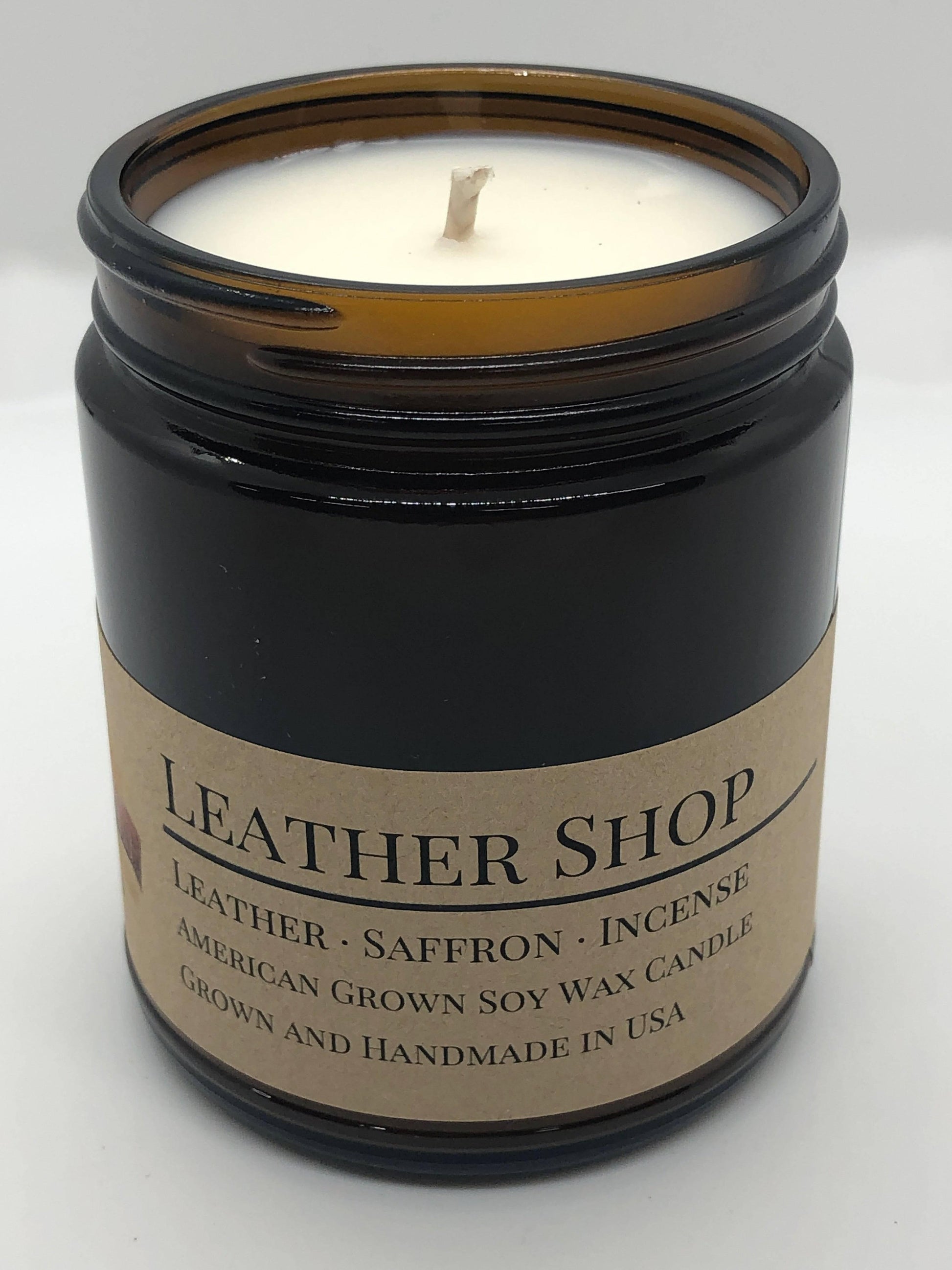 Leather Shop Soy Wax Candle | 9 oz Amber Apothecary Jar - Prairie Fire Candles