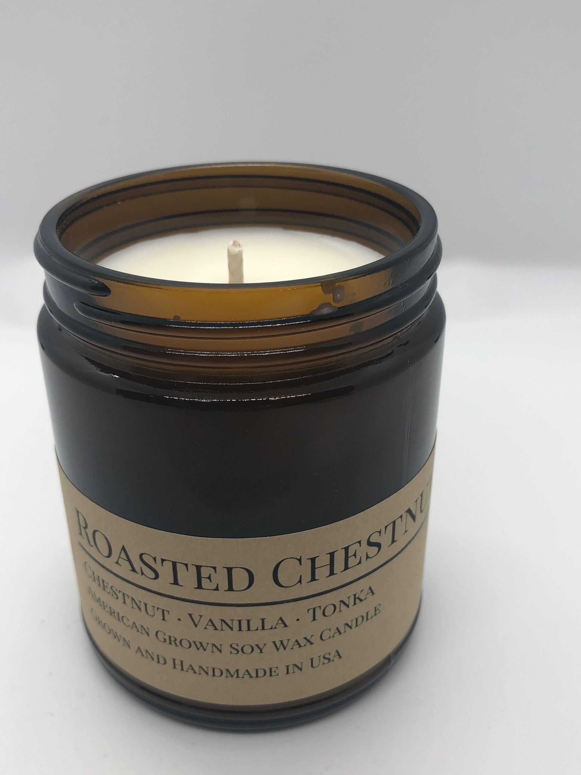 Roasted Chestnut Soy Wax Candle | 9 oz Amber Apothecary Jar - Prairie Fire Candles