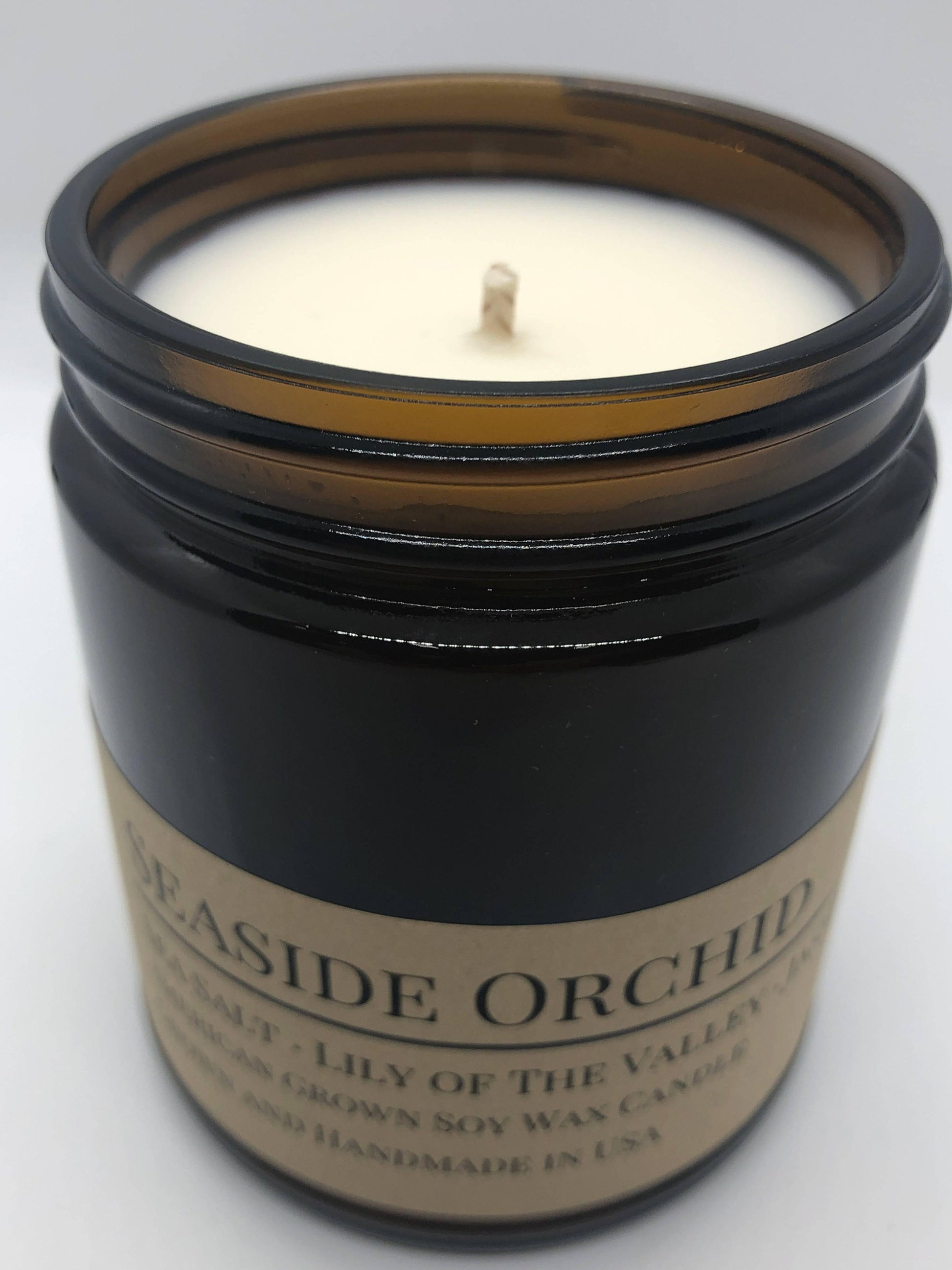 Seaside Orchid Soy Wax Candle | 9 oz Amber Apothecary Jar - Prairie Fire Candles