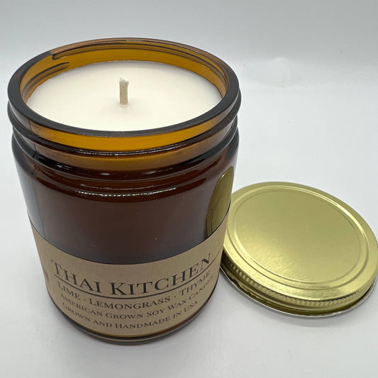 Thai Kitchen Soy Wax Candle | 9 oz Amber Apothecary Jar - Prairie Fire Candles & Lavender