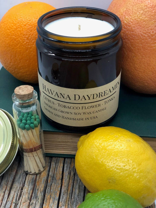 Soy wax candle in amber jar labeled Havana Daydreamin with citrus fruits and matches
