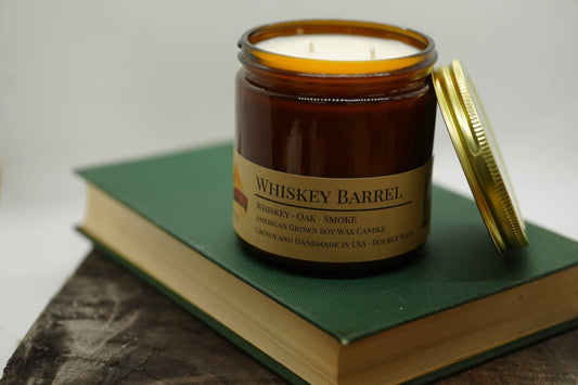 Whiskey Barrel Soy Wax Candle | 16 oz Double Wick Amber Apothecary Jar - Prairie Fire Candles