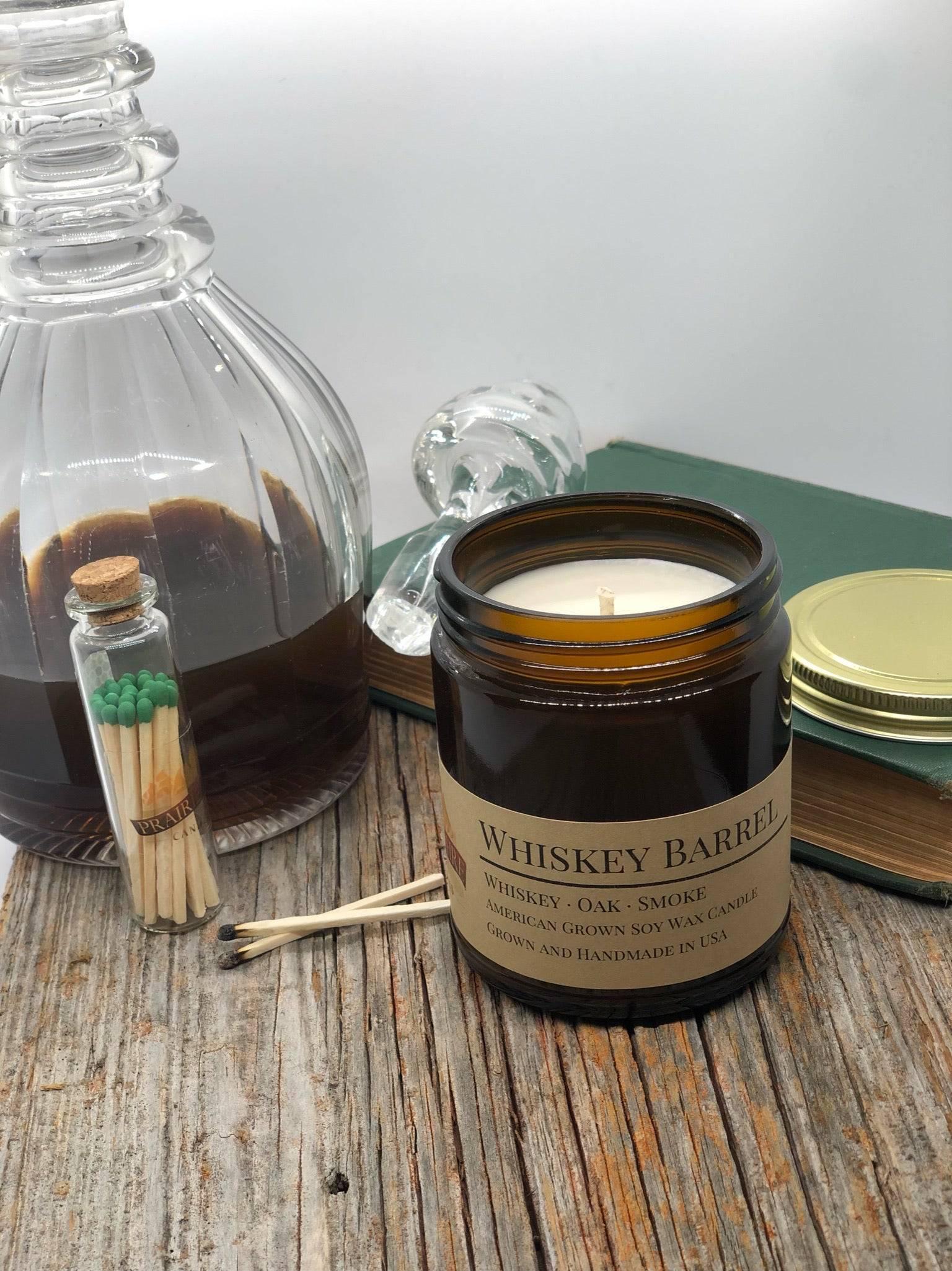 Whiskey Barrel Soy Wax Candle | 9 oz Amber Apothecary Jar - Prairie Fire Candles