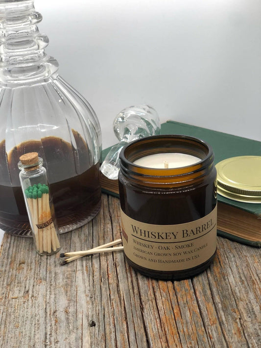 Whiskey Barrel Soy Wax Candle | 9 oz Amber Apothecary Jar - Prairie Fire Candles