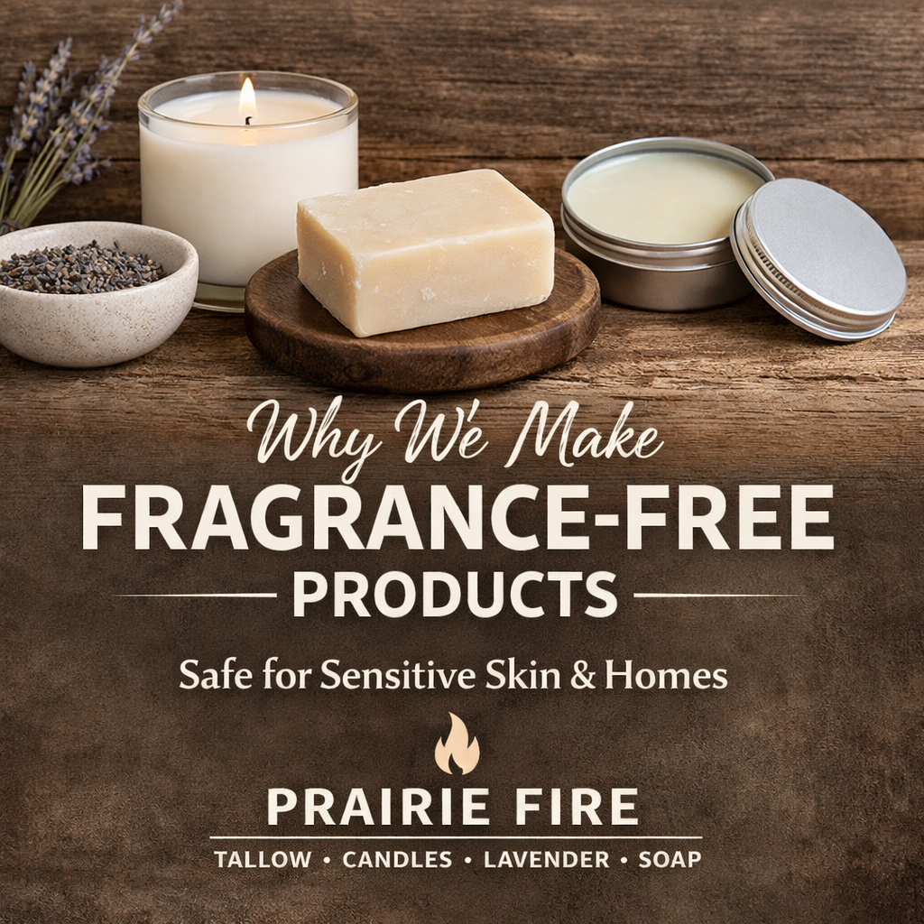 Fragrance-free tallow soap, lavender, candle, and balm on rustic wood, safe for sensitive skin