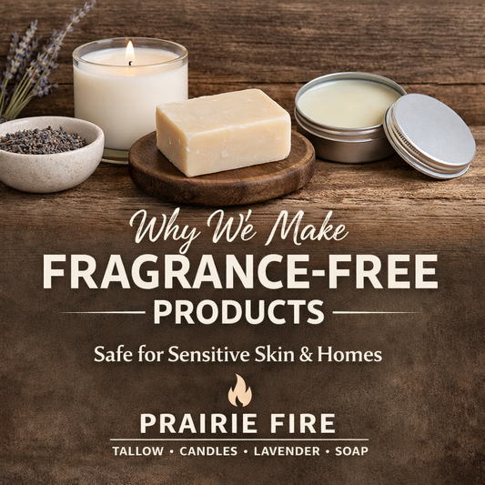 Fragrance-free tallow soap, lavender, candle, and balm on rustic wood, safe for sensitive skin