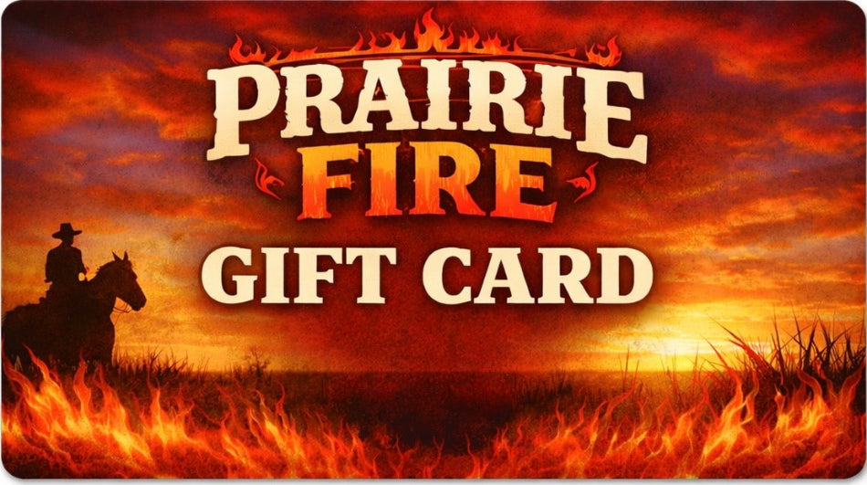 Prairie Fire gift card with a cowboy on horseback and sunset background