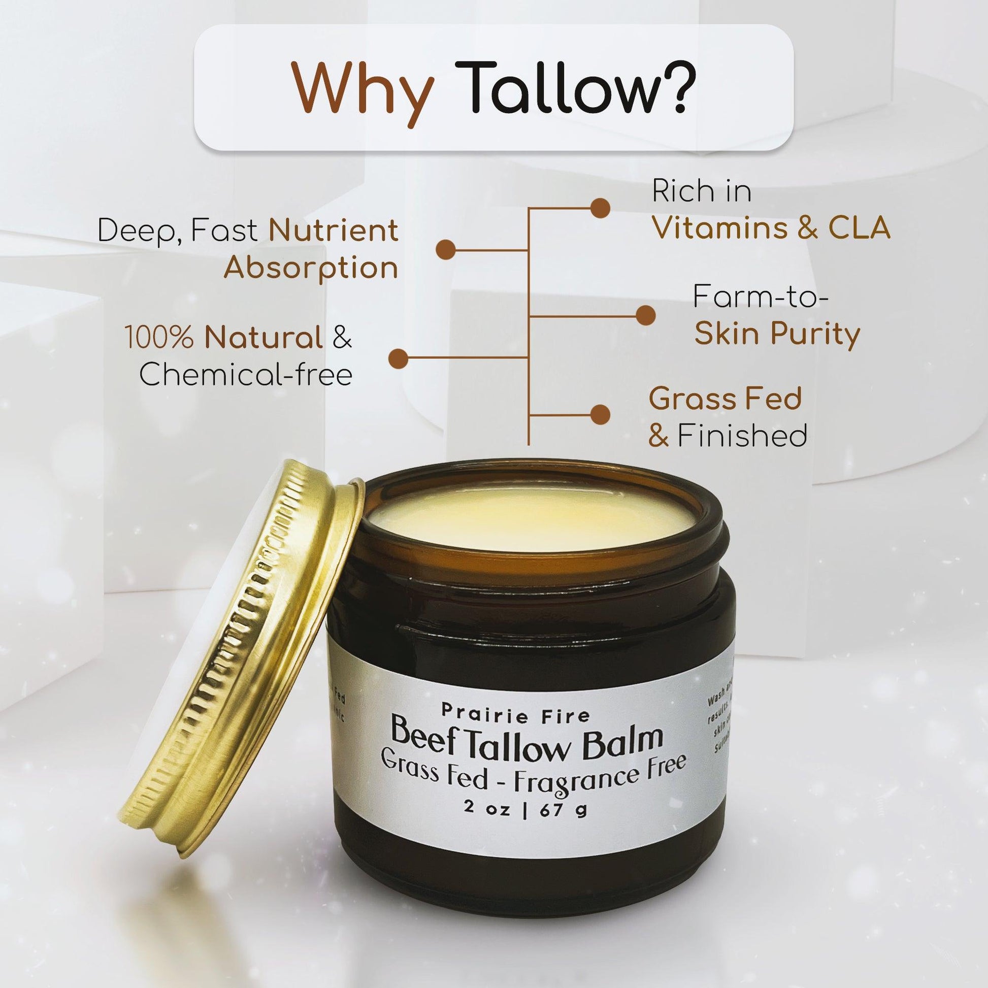 Beef Tallow Balm - 2 oz - Organic Grass Fed and Finished Tallow- Moisturizing Skin Care - Prairie Fire Tallow, Candles, and Lavender