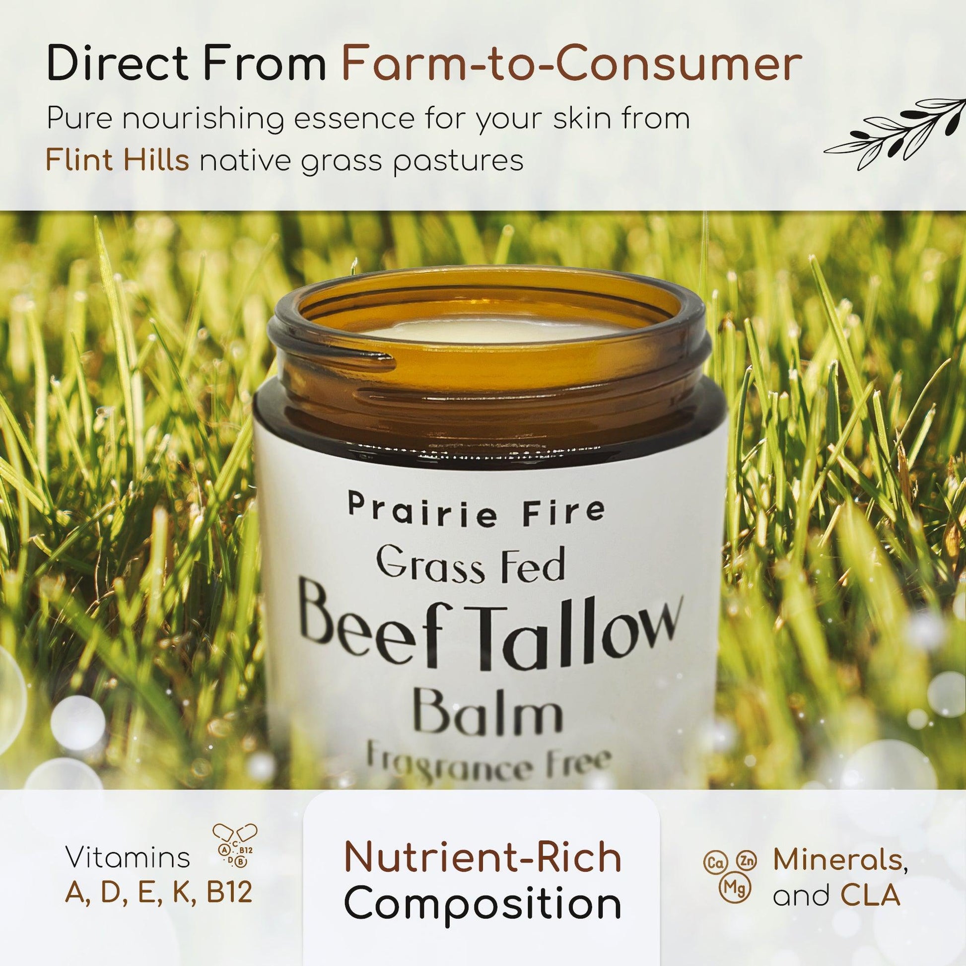 Beef Tallow Balm - 4 oz - Organic Grass Fed and Finished Tallow - Moisturizing Skin Care - Prairie Fire Tallow, Candles, and Lavender