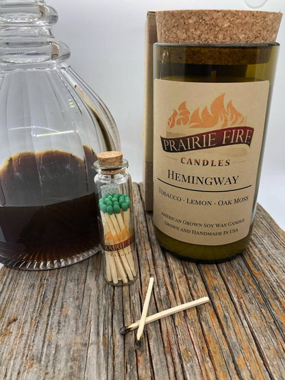Hemingway Soy Wax Candle | Repurposed Wine Bottle Candle Natural Cork | Handmade in USA Candle | Eco-Friendly Candle | Non-Toxic Soy Candle - Prairie Fire Candles