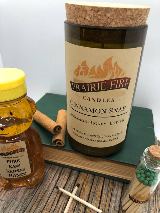 Cinnamon Snap Soy Wax Candle | Repurposed Wine Bottle Candle Natural Cork | Handmade in USA Candle | Eco-Friendly Candle | Non-Toxic Soy Candle - Prairie Fire Candles