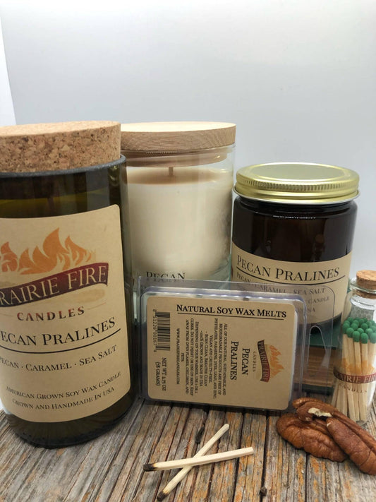 Pecan Pralines Soy Wax Candle | Repurposed Wine Bottle Candle Natural Cork | Handmade in USA Candle | Eco-Friendly Candle | Non-Toxic Soy Candle - Prairie Fire Candles
