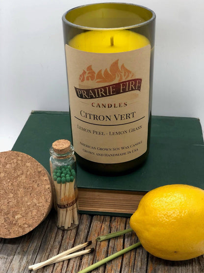Citron Vert Soy Wax Candle | Repurposed Wine Bottle Candle Natural Cork | Handmade in USA Candle | Eco-Friendly Candle | Non-Toxic Soy Candle - Prairie Fire Candles