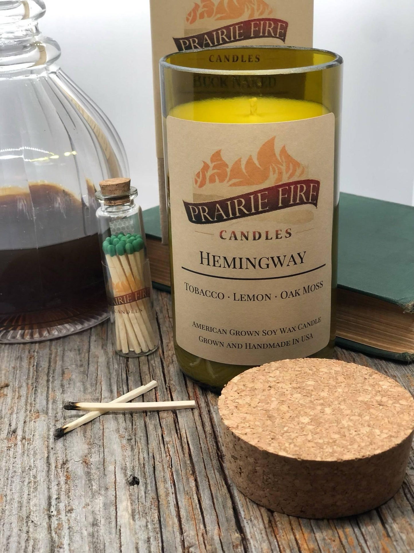 Hemingway Soy Wax Candle | Repurposed Wine Bottle Candle Natural Cork | Handmade in USA Candle | Eco-Friendly Candle | Non-Toxic Soy Candle - Prairie Fire Candles