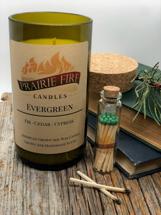 Evergreen Soy Wax Candle | Repurposed Wine Bottle Candle Natural Cork | Handmade in USA Candle | Eco-Friendly Candle | Non-Toxic Soy Candle - Prairie Fire Candles