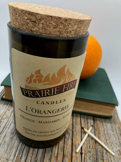 L'Orangerie Soy Wax Candle | Repurposed Wine Bottle Candle Natural Cork | Handmade in USA Candle | Eco-Friendly Candle | Non-Toxic Soy Candle - Prairie Fire Candles